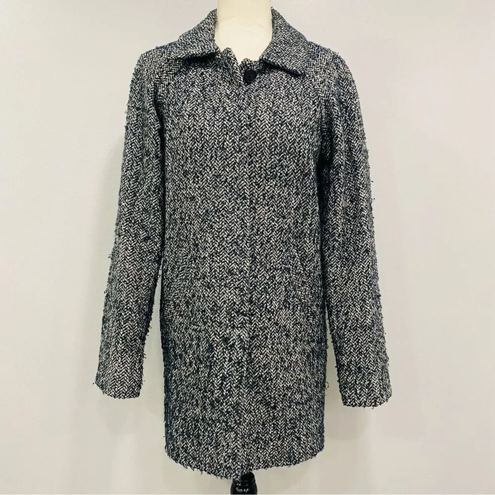 JACK WILLS 2 Womens Navy Blue Fuzzy Wool Tweed Herringbone Pea Coat Academia
